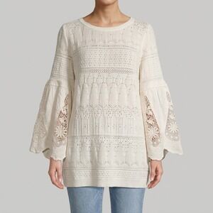 Tribal Jeans Cream Pointelle Knit Bell Sleeve Lace Crochet Boho Tunic Top Small